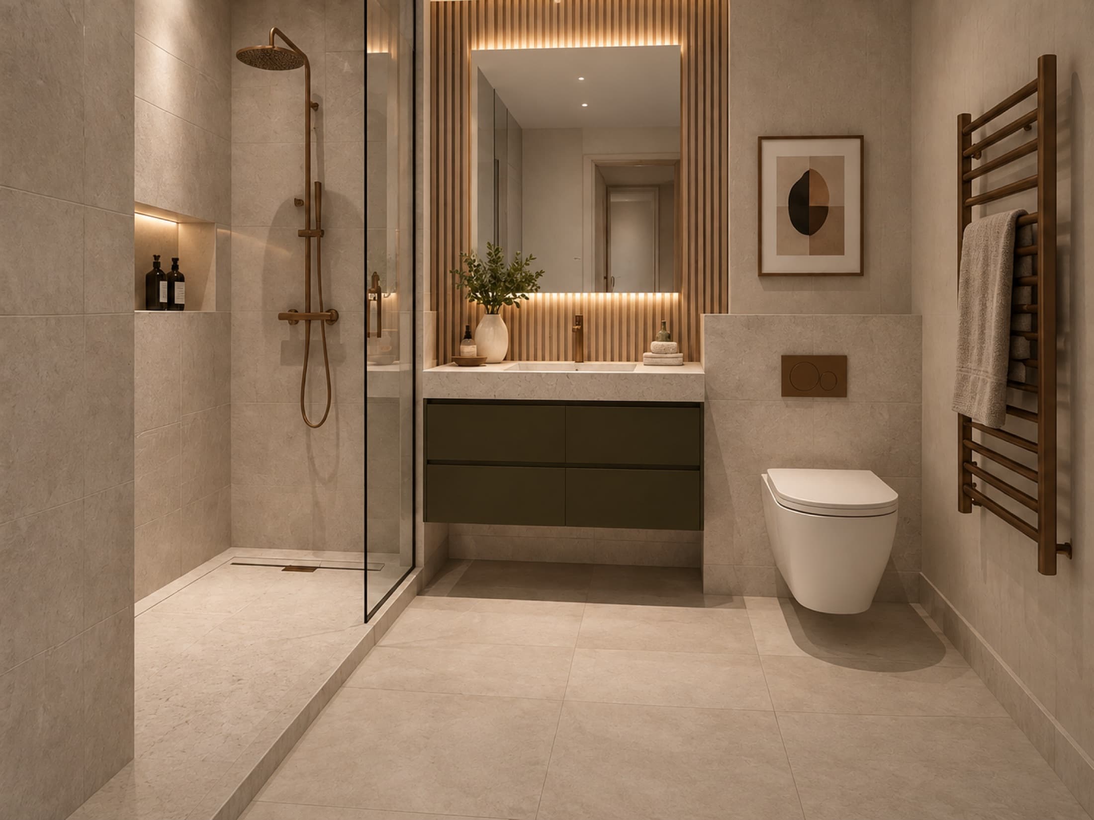 Bathroom in stone tile with a fluted timber mirror surround and bronze fittings