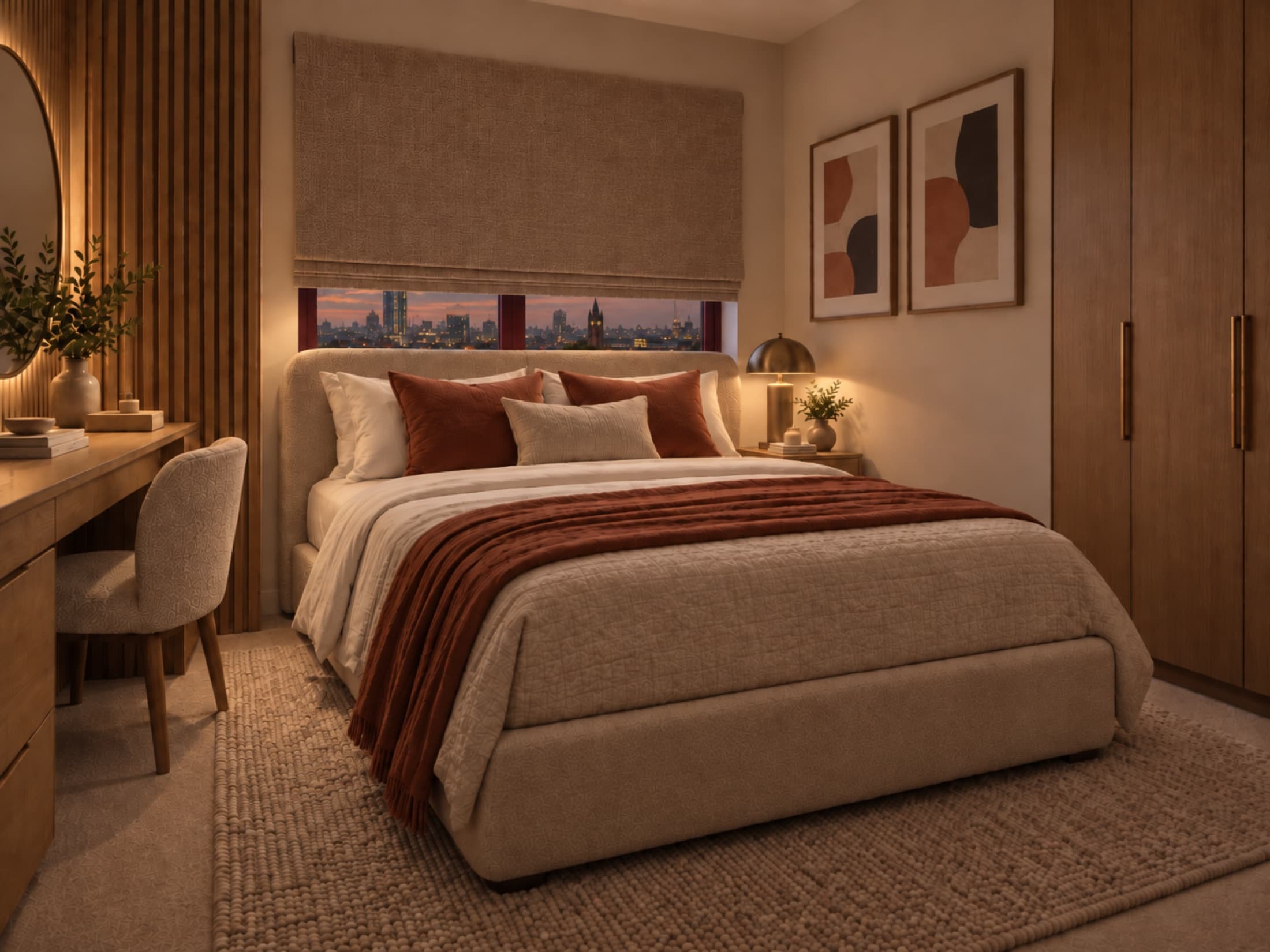Bedroom at dusk, with fitted wardrobes, a dressing table and the city skyline beyond the window