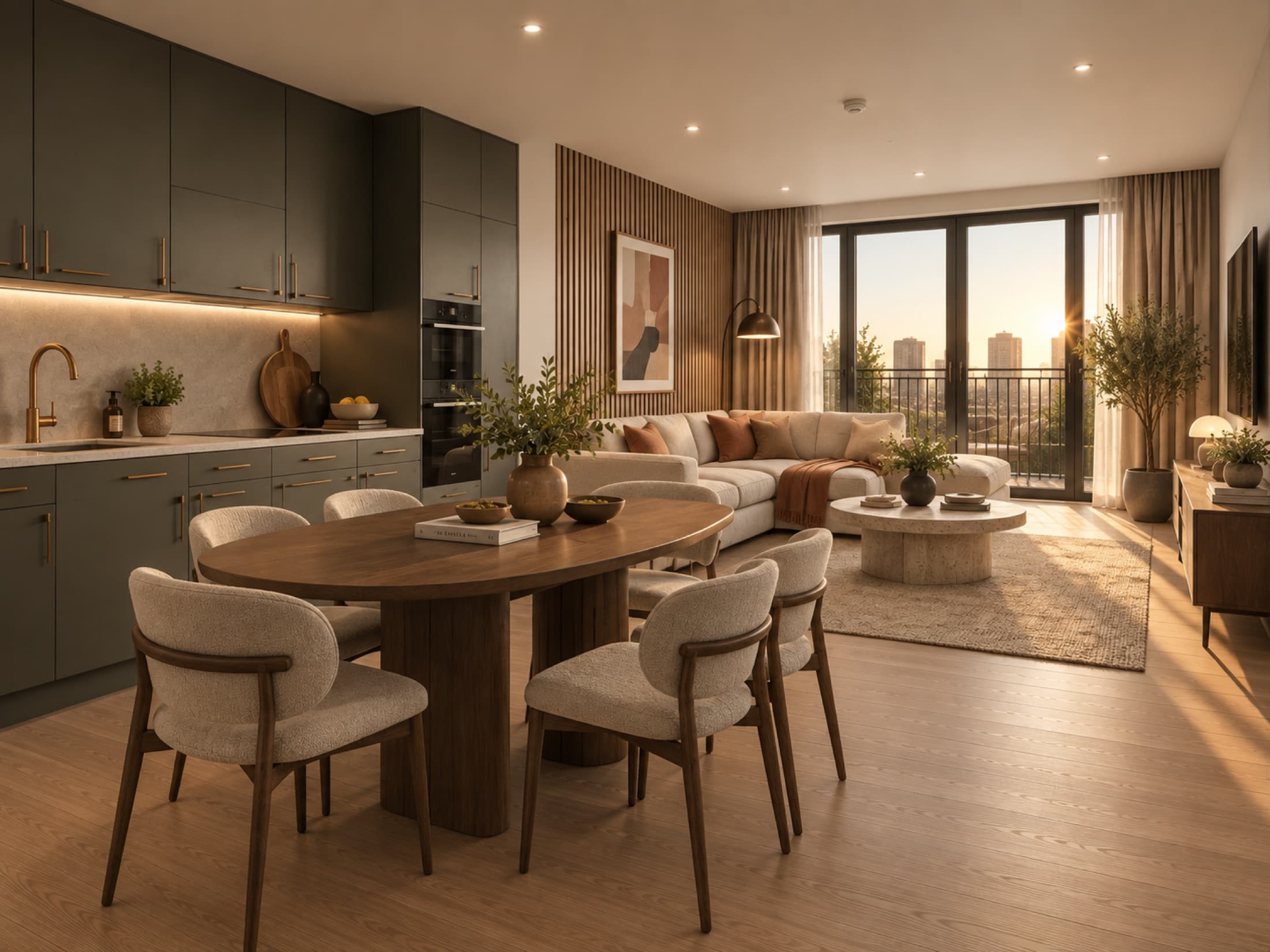 Open-plan kitchen, dining and living space in a Pergola Residence apartment
