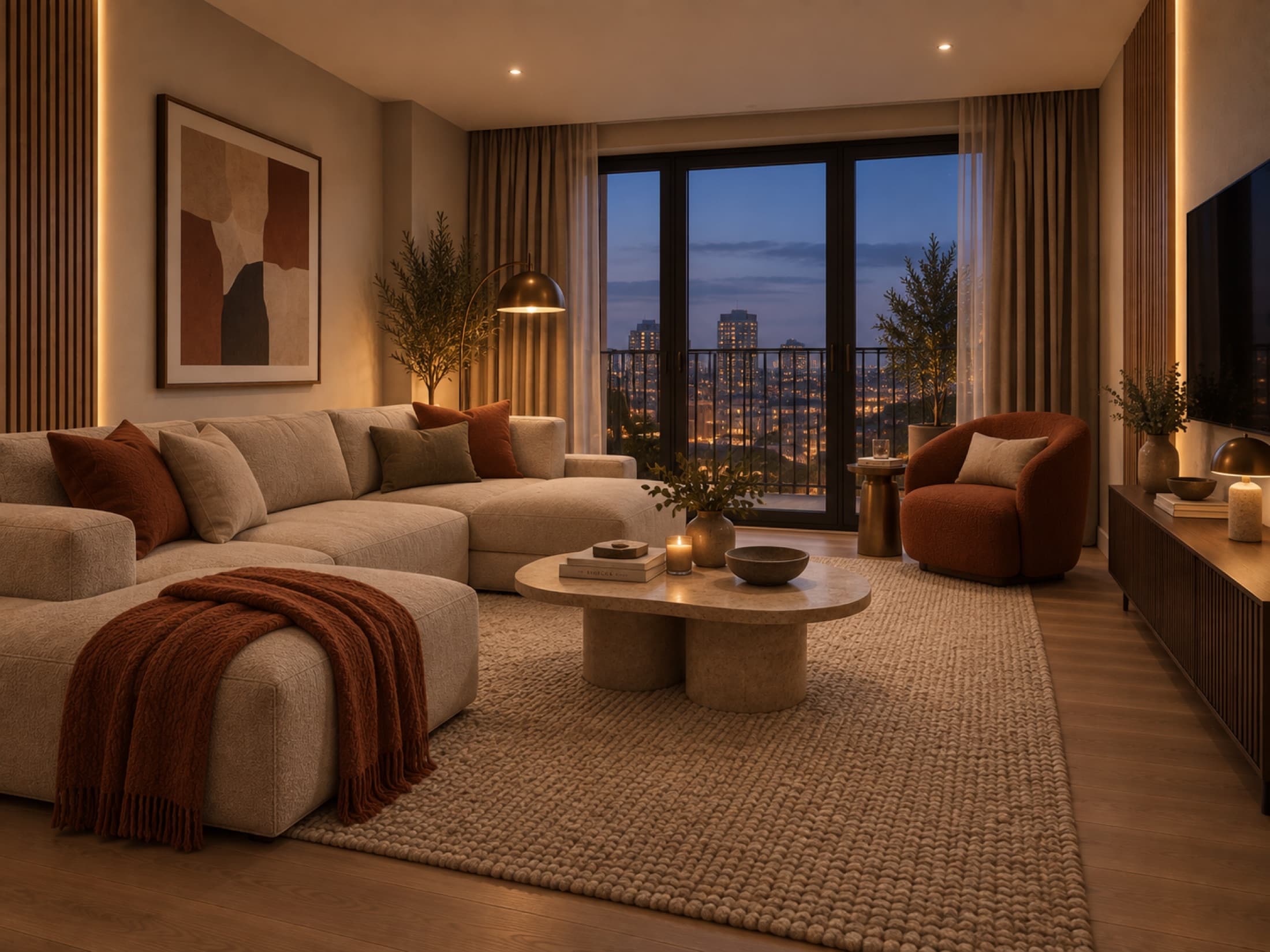 Living room in a Pergola Residence apartment at dusk: deep cream sofa, clay armchair and city lights beyond the balcony