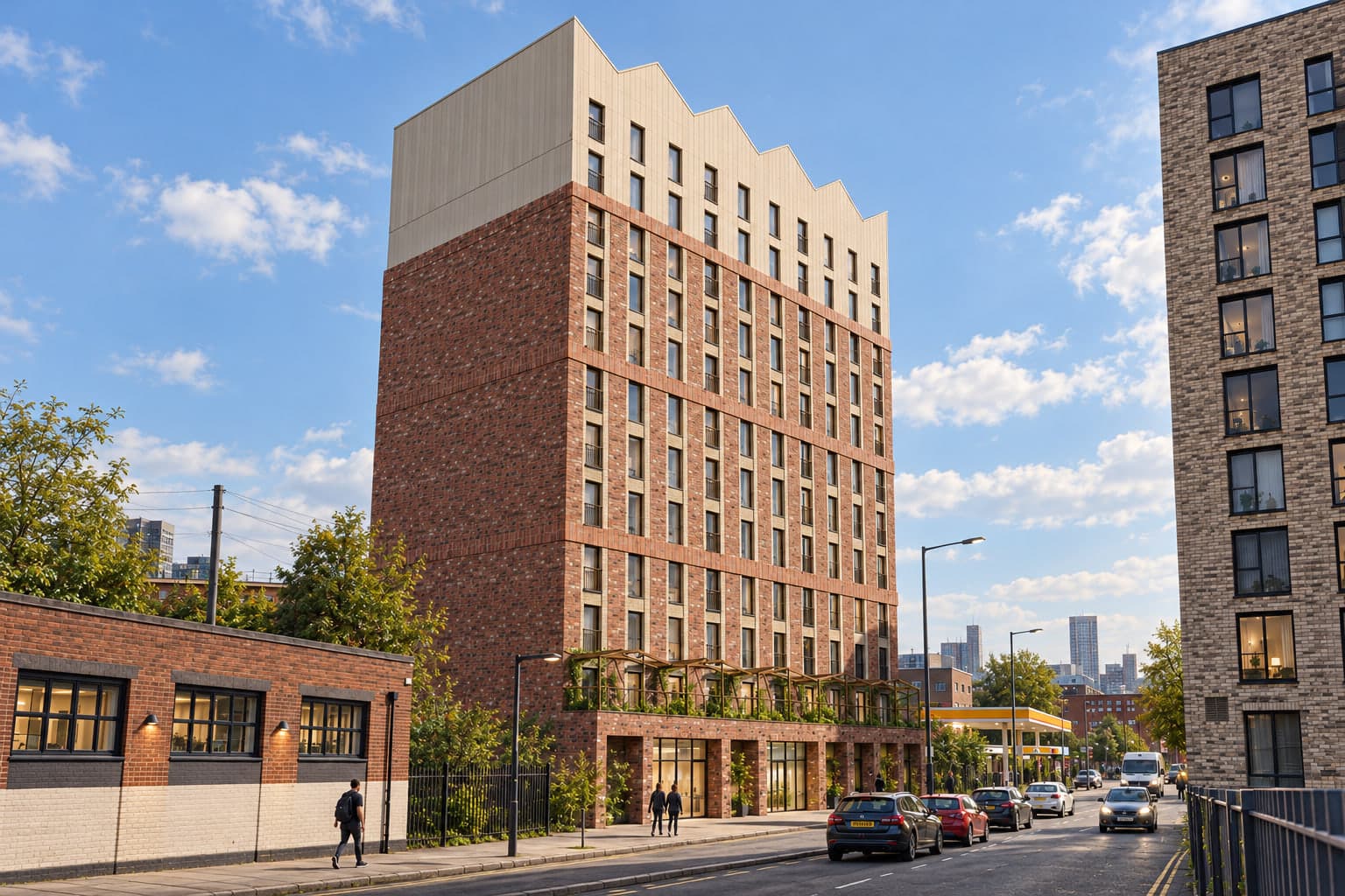 Pergola Residence seen from the street: a brick tower rising to a sawtooth crown of pale cladding, with a planted timber pergola running the length of the shopfronts at street level and the Manchester skyline beyond